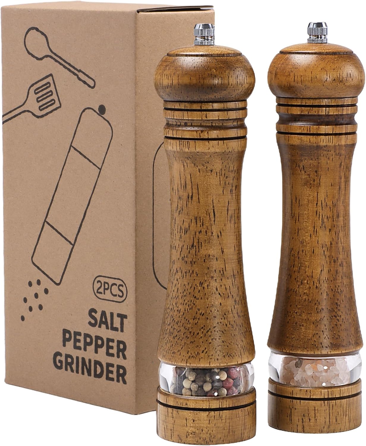 Wooden Salt and Pepper Grinder Set, Premium Oak Wood Salt Grinders Shakers, Pepper Mill with Acrylic Clear Window, Adjustable Ceramic Grinder - 8 inches, 2 Pack