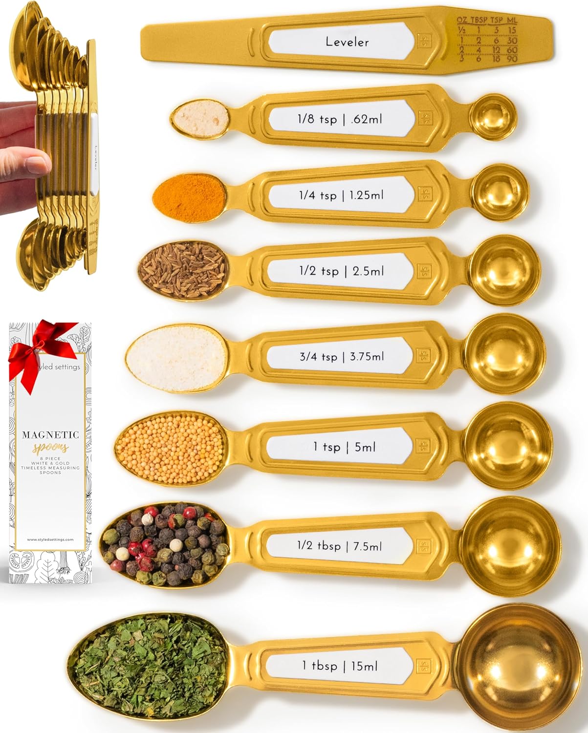 White and Gold Measuring Spoons with Leveler - Featuring 8PC Upgraded Style, Dual-Sided, Stackable, Stainless Magnetic Measuring Spoons Set - Fits in Spice Jars, White and Gold Kitchen Accessories