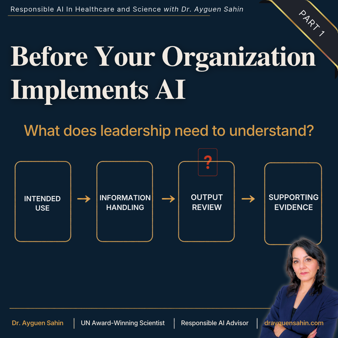 Responsible AI in healthcare implementation graphic showing four leadership considerations intended use, information handling, output review, and supporting evidence_drayguensahin Responsible AI in healthcare implementation graphic showing four leadership considerations intended use, information handling, output review, and supporting evidence_drayguensahin